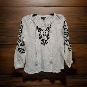 Style & Co Women's PL Embroidered Split Neck Top Desert Shitake White & black